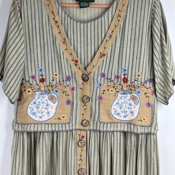 VTG 90s Papy Boez Midi Dress S/M Embroidered Floral Cottage Granny Prairie Bird - Picture 3 of 13